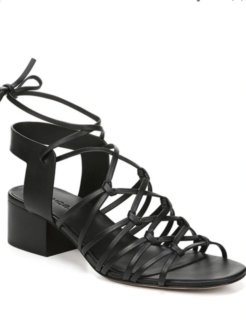 Vince Black Knotted Leather Strappy Sandals with Block Heel